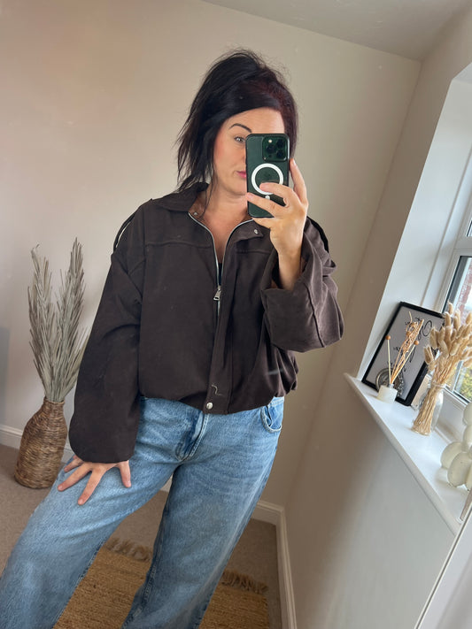 Faux Suede Oversized Bomber Jacket - Chocolate