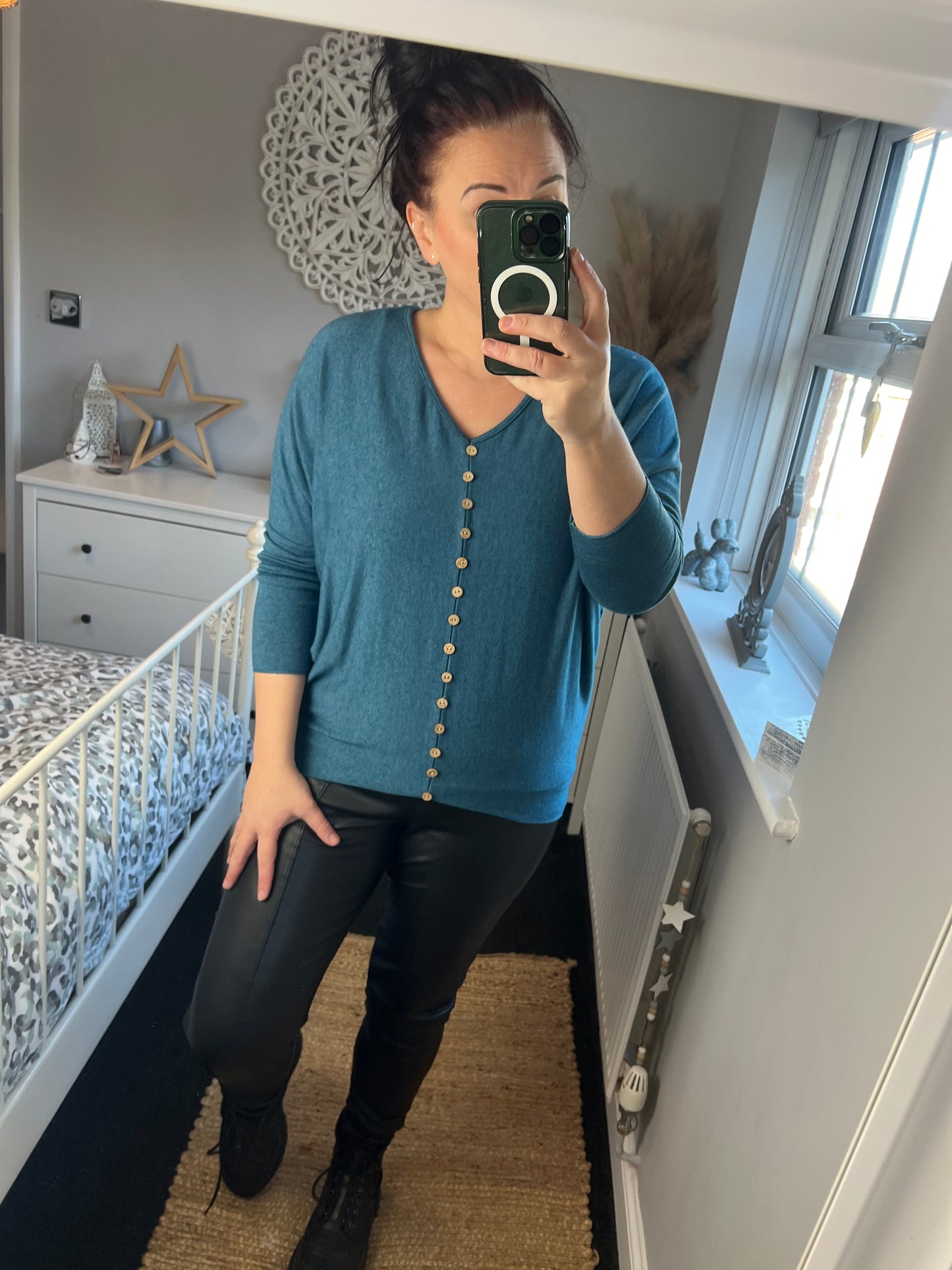 Fine Knit Tiny Button Jumper - Teal