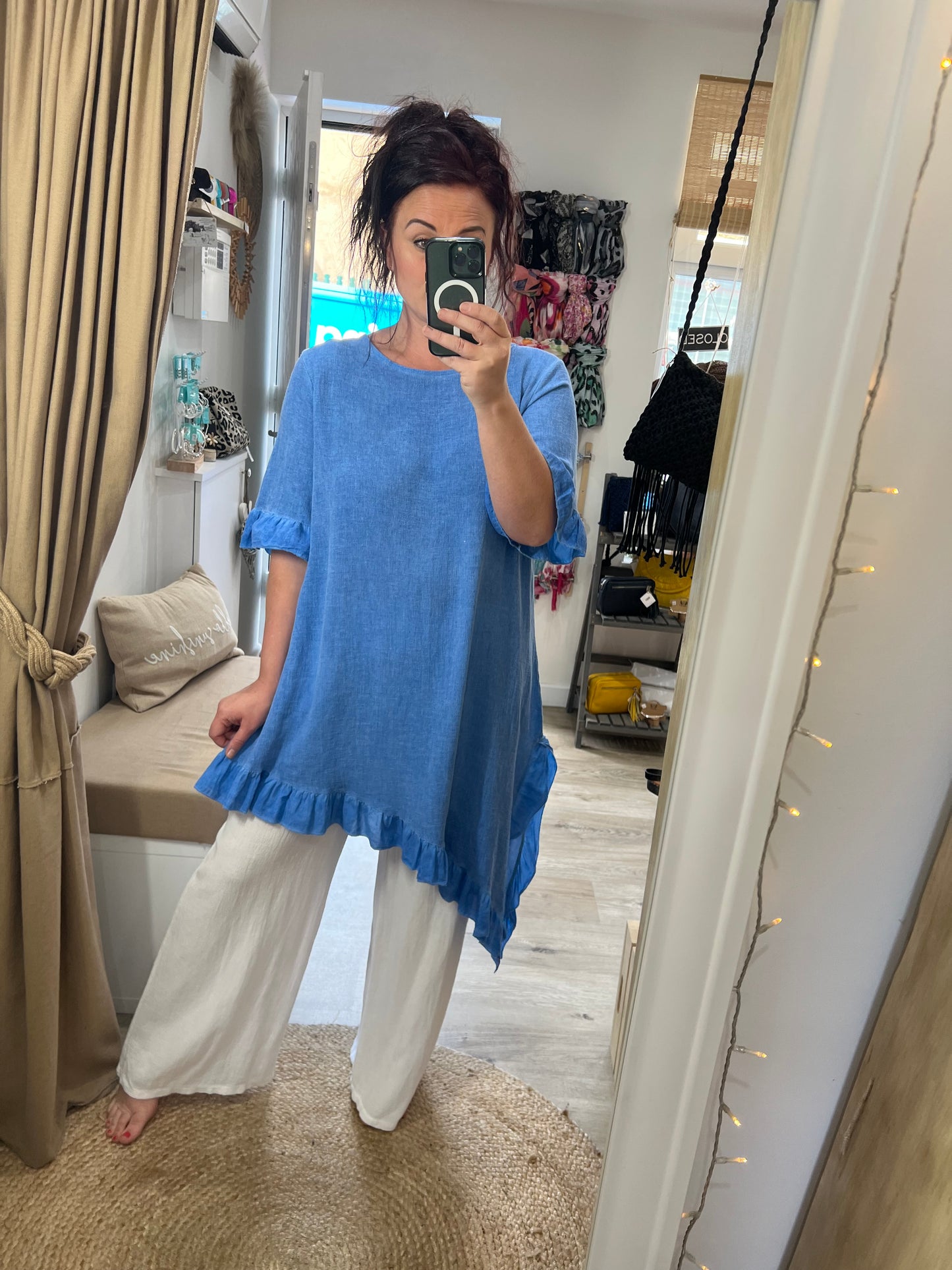 Linen Frill Tunic/Dress - Blue
