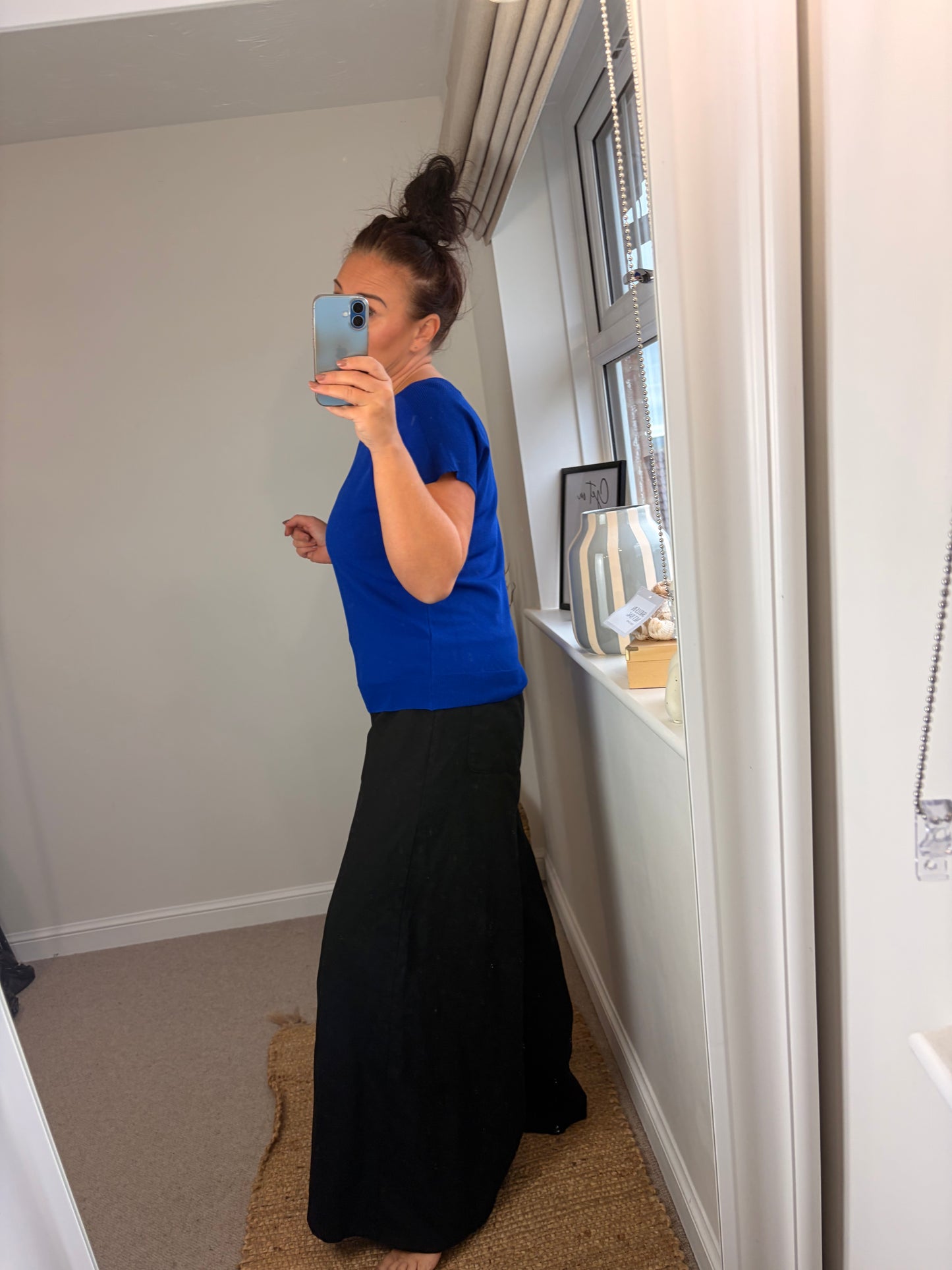 Fine Knit Slash Neck Top - Cobalt