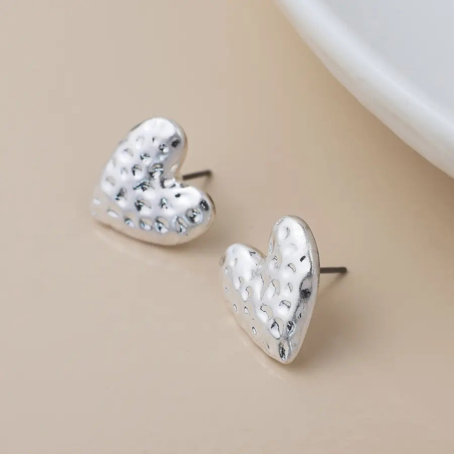 Peace of Mind - Silver Plated Hammered Heart Earrings