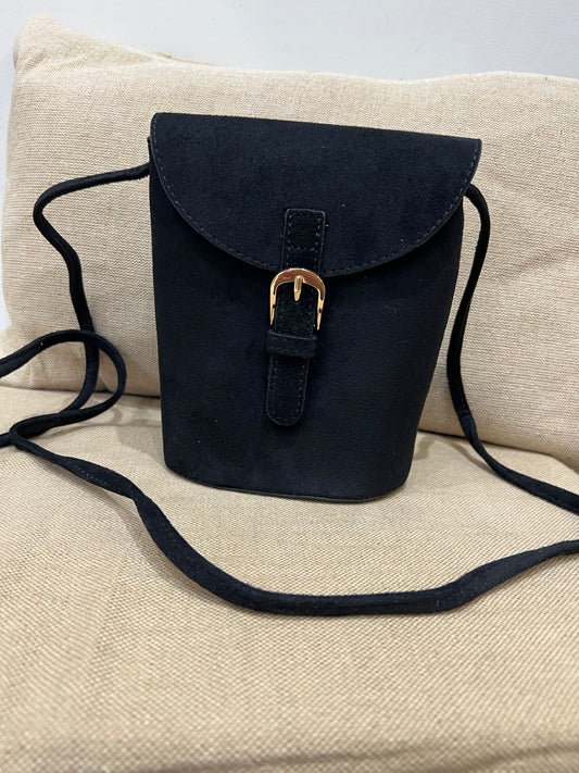 Faux Suede Bucket Crossbody Bag - Black