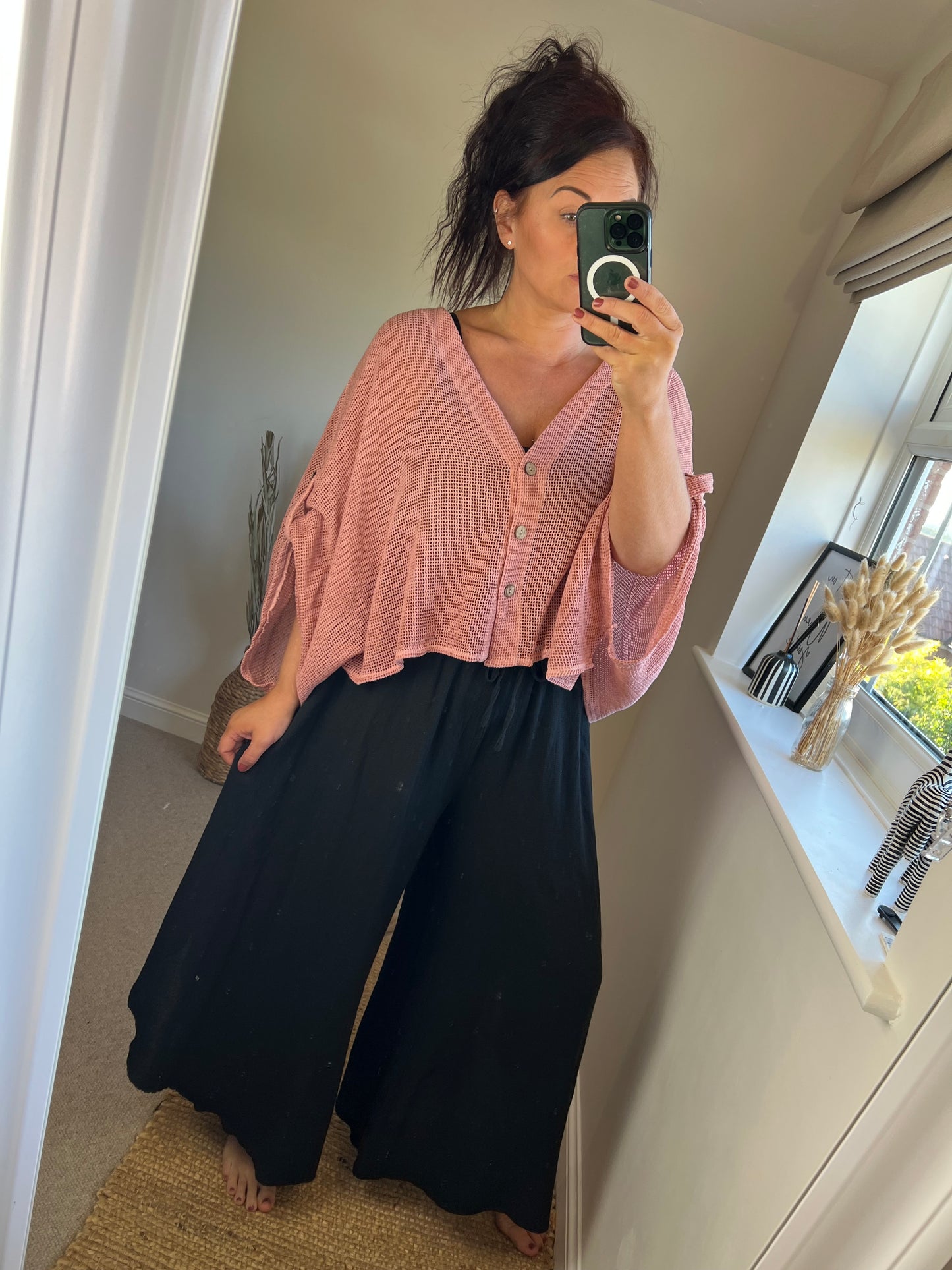 Waffle Button Top - Dusky Pink