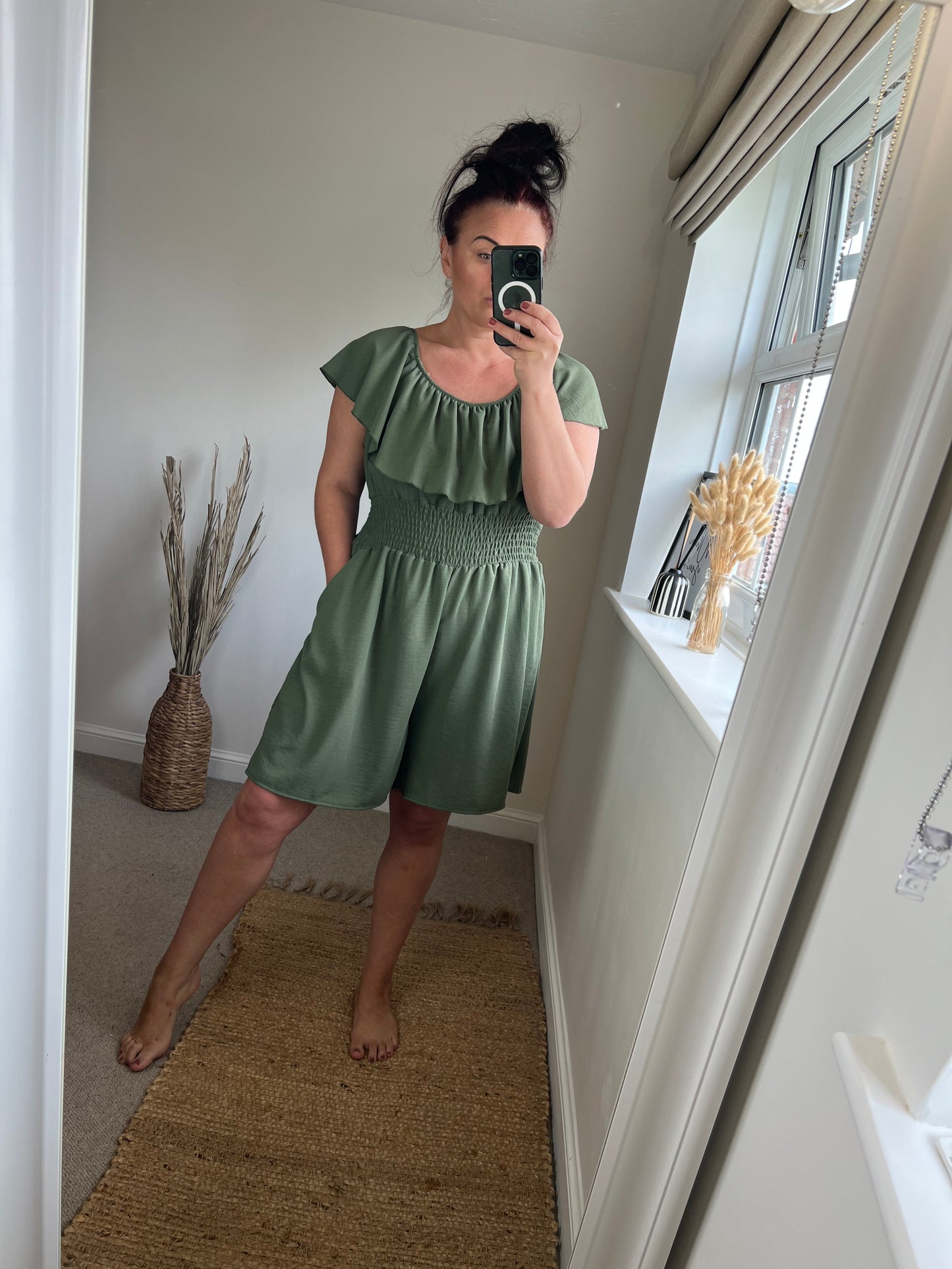 Shirred Waist Playsuit - Khaki