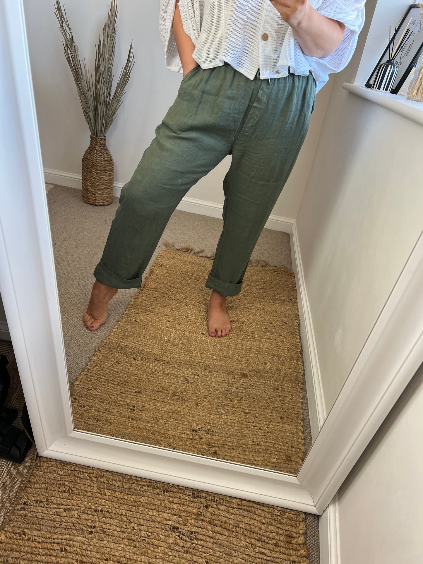 Linen Turn Up Trousers - Khaki