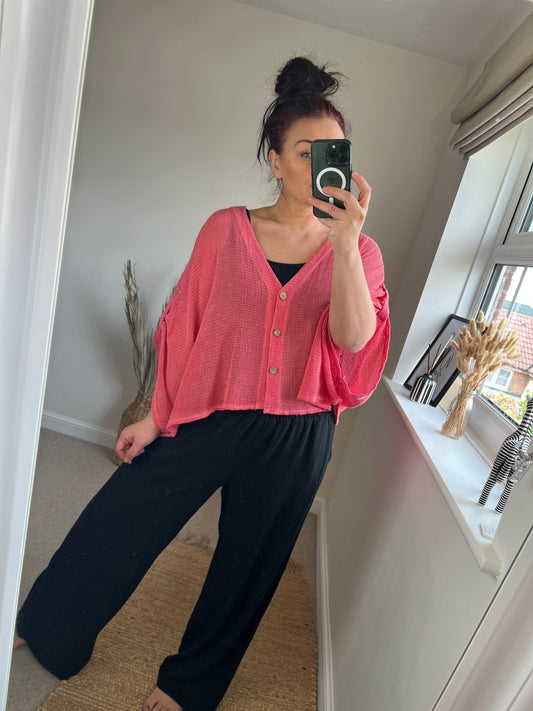 Waffle Button Top - Rose