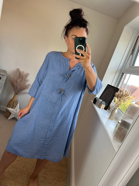 Cotton Button Dress - Blue