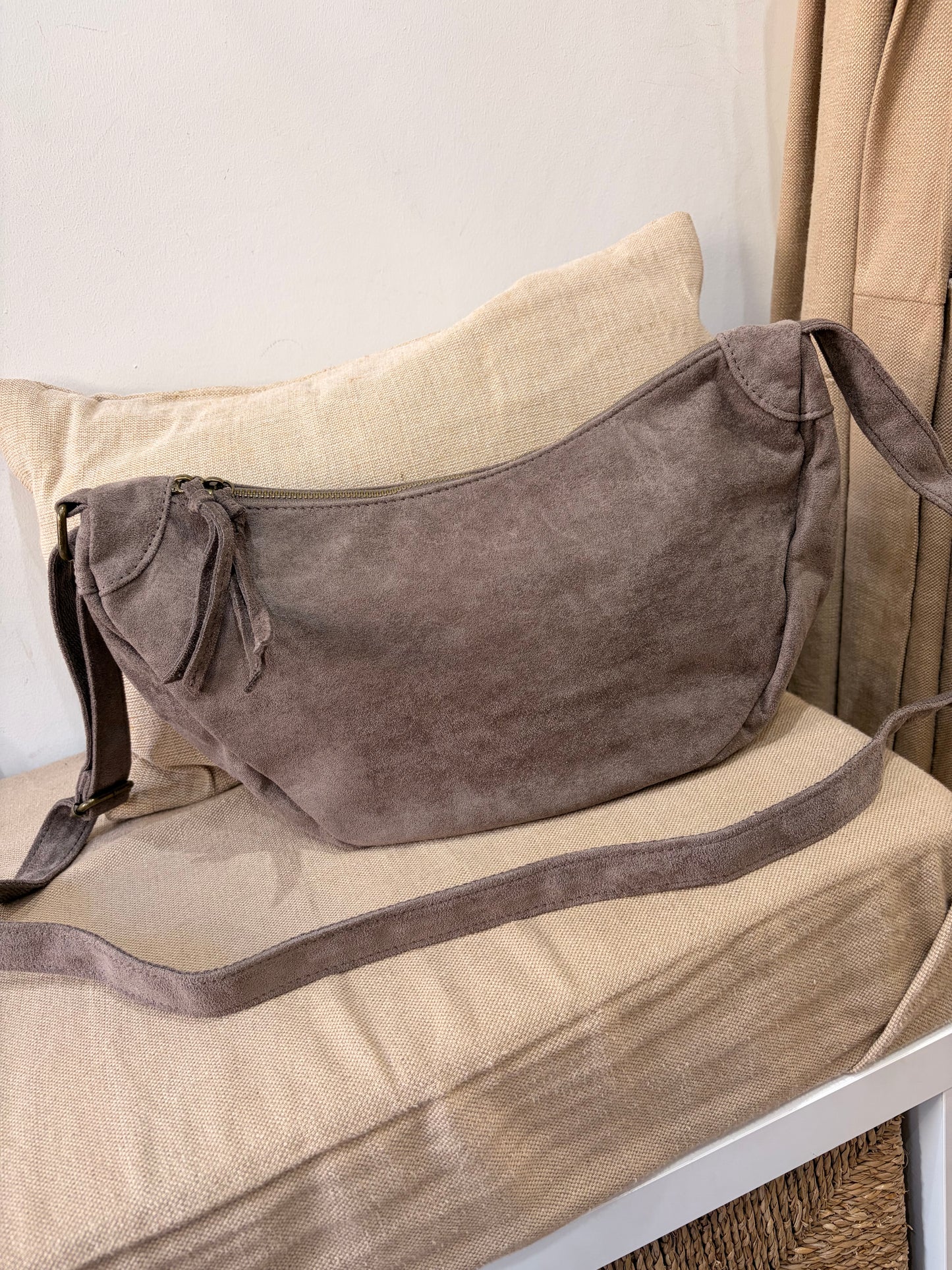 Faux Suede Half Moon Crossbody Bag - Taupe