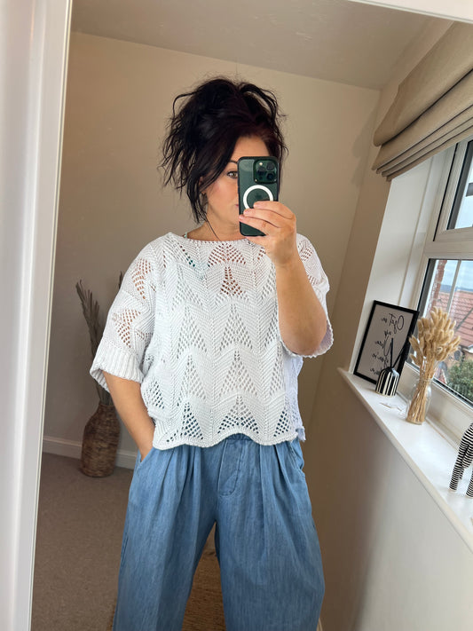 Scalloped Edge Crochet Top - White