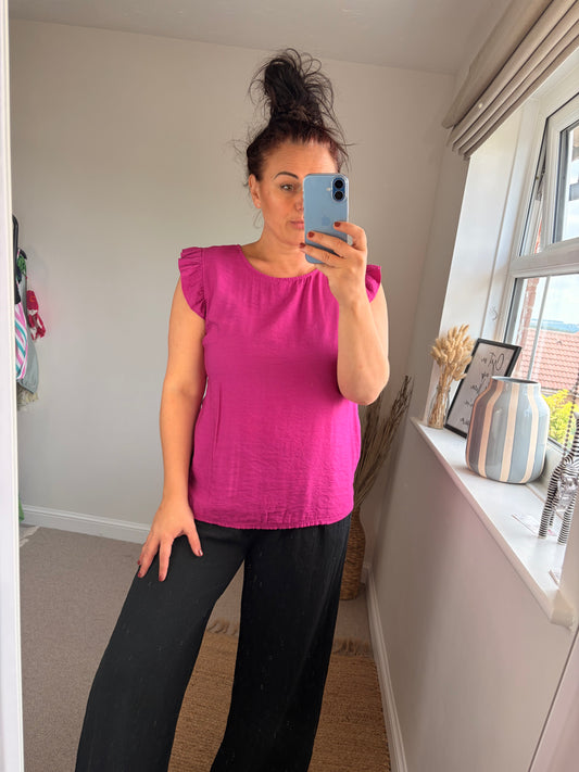 Button Back Frill Sleeve Top - Magenta
