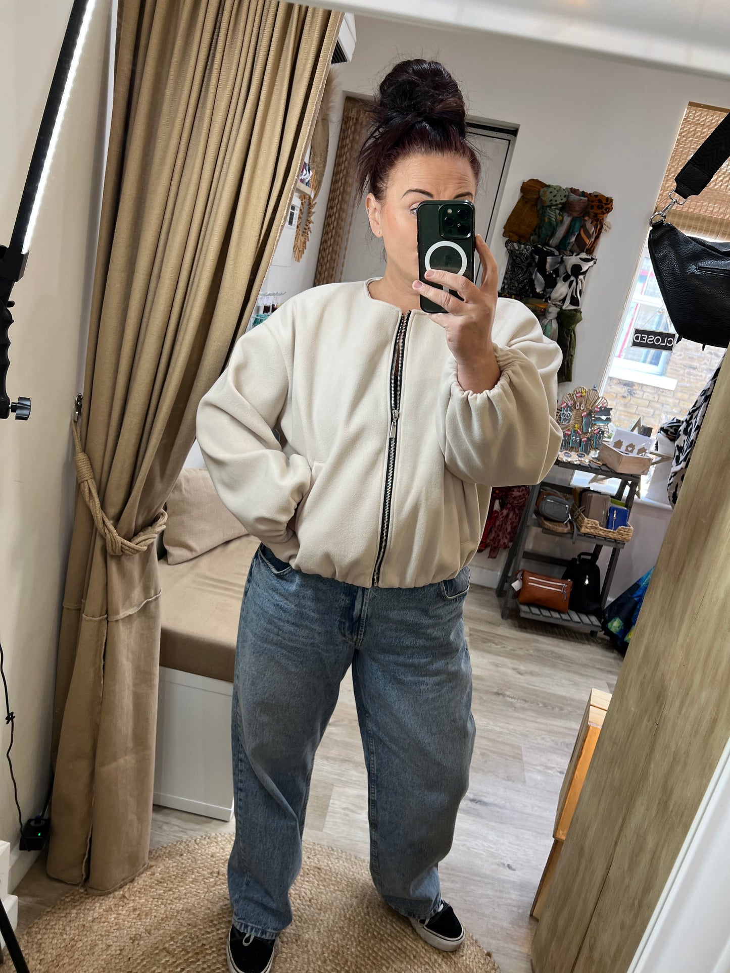 Collarless Bomber Jacket - Cream