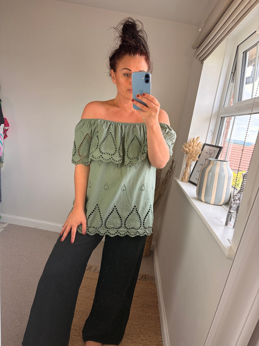 Broderie Anglaise Bardot Top - Khaki