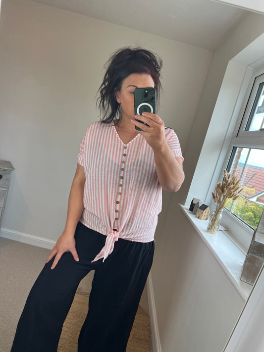 Cotton Tie Front Stripe Top - Pink