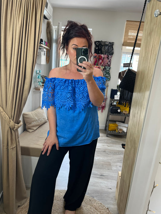 Lace Bardot Top - Cobalt