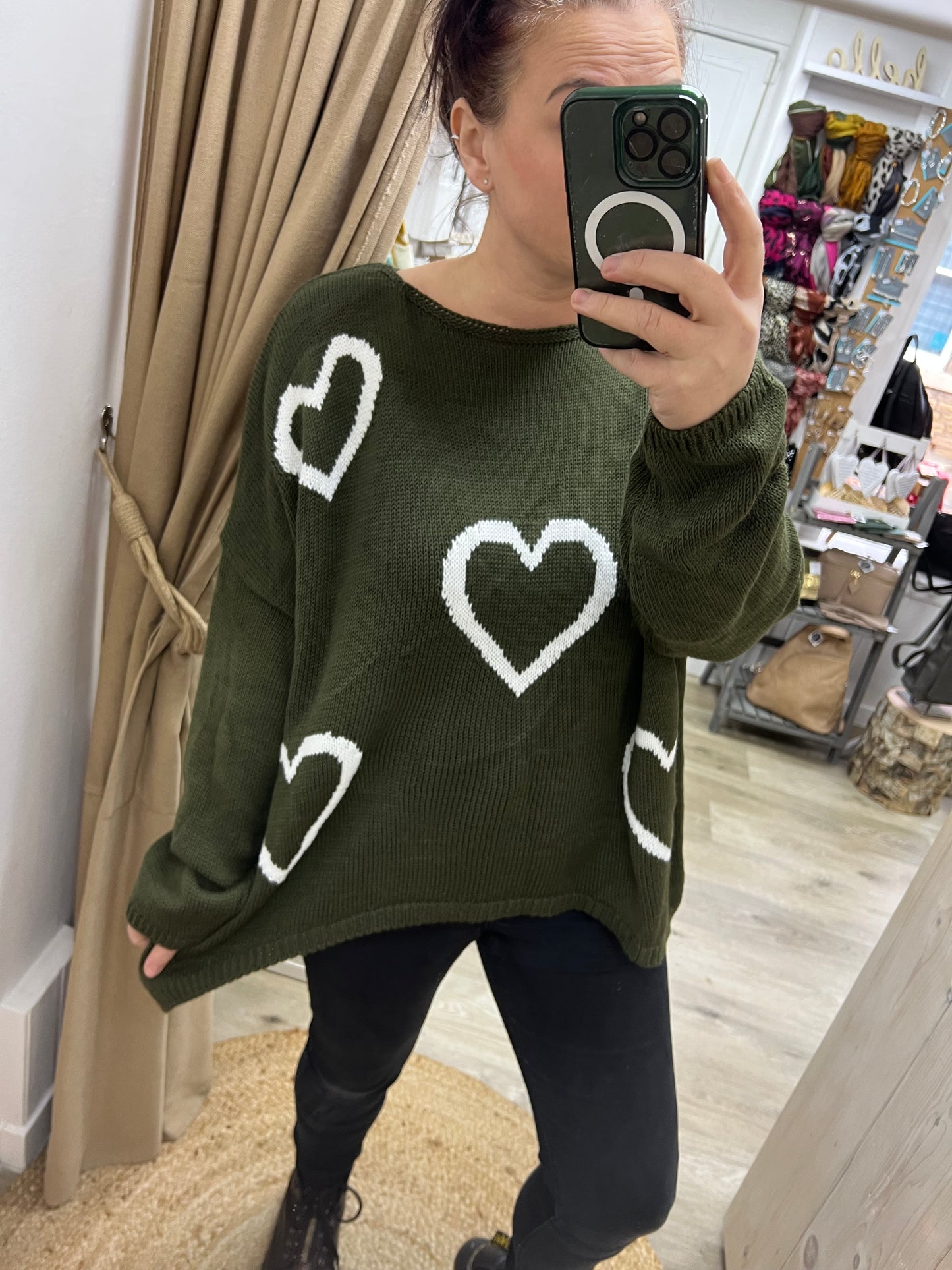 Chunky Knit Heart Jumper - Khaki