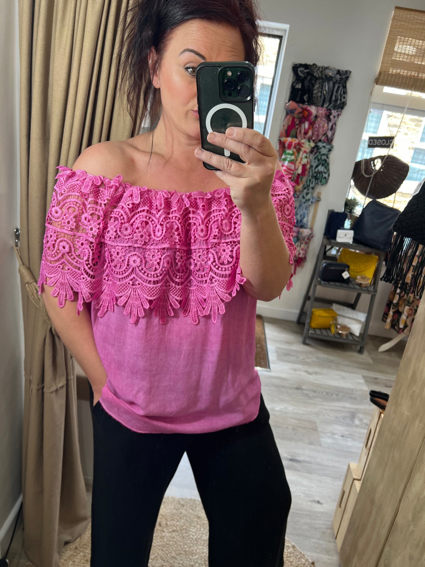 Lace Bardot Top - Cerise