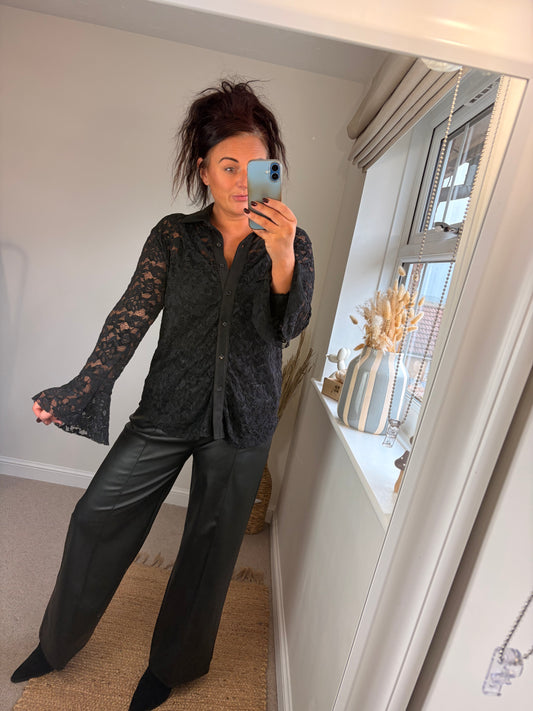 Lace Flute Sleeve Shirt - Black