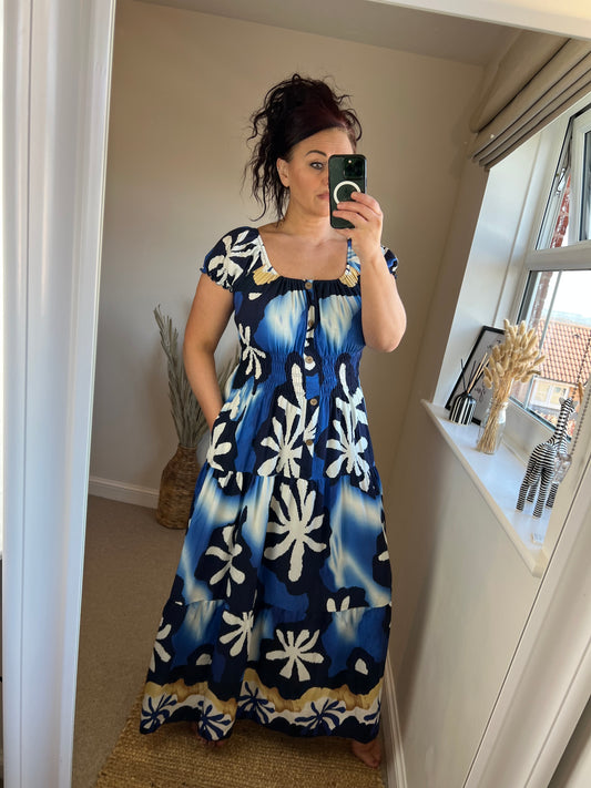 STEVIE Maxi Button Dress with Pockets - Cobalt Flower