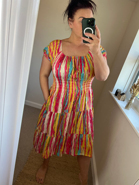 Magic Short Shirred Button Dress with Pockets - Cerise/Gold