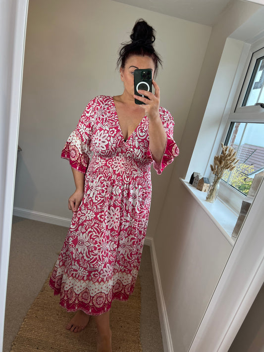 Shirred Waist Midi Dress - Cerise