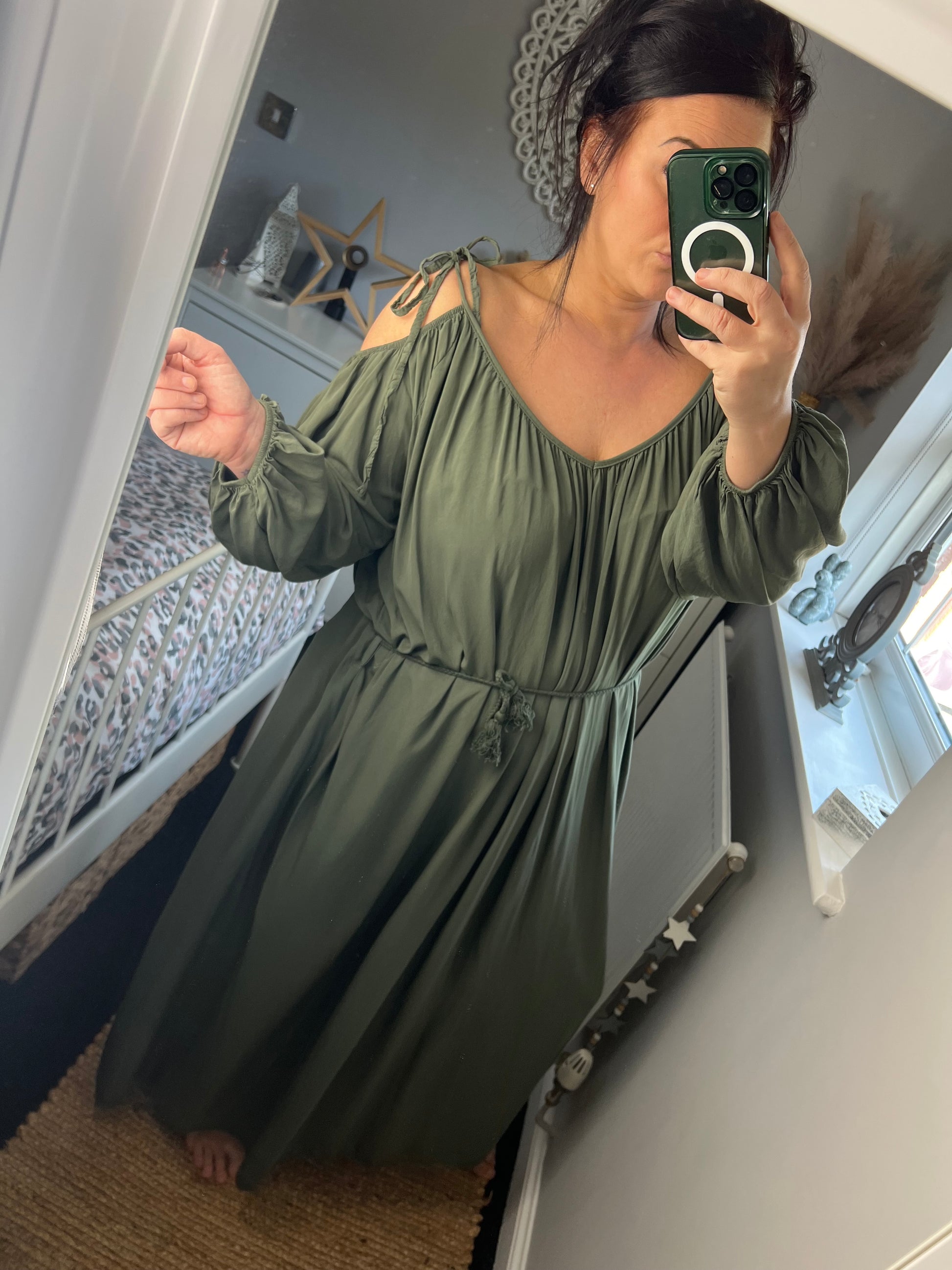 Cold Shoulder Grecian Dress - Khaki Top Knot Cold Shoulder Grecian Dress - Khaki Top Knot