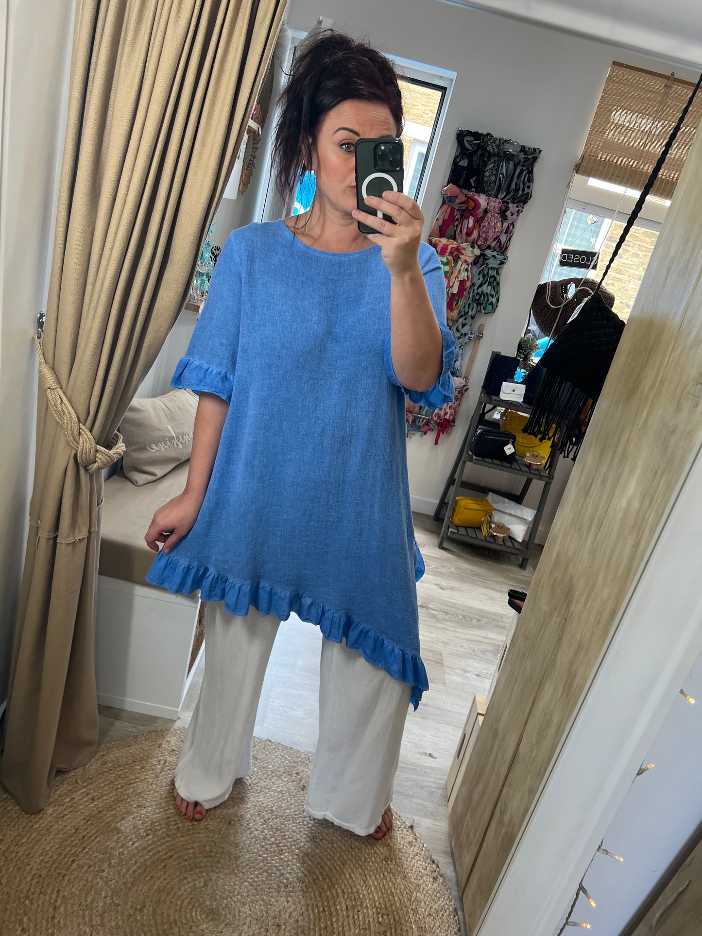 Linen Frill Tunic/Dress - Blue