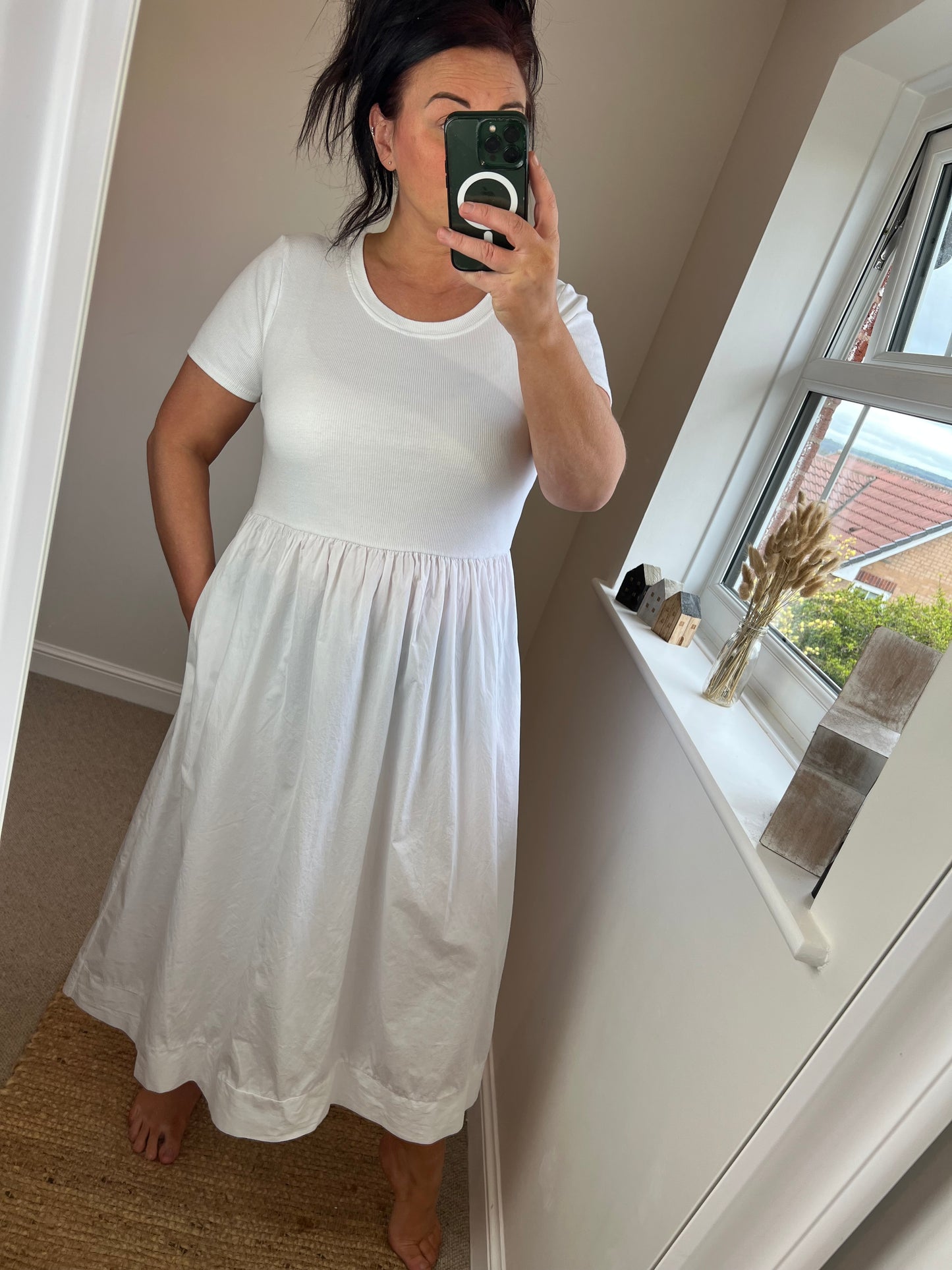 Fit & Flare Midi Dress with Pockets - White