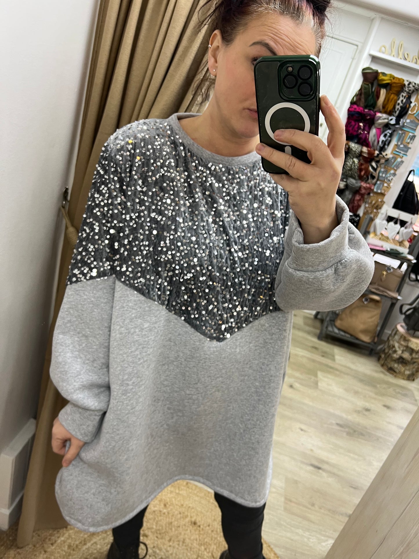 Oversized Sequin Sweatshirt with Pockets - Grey