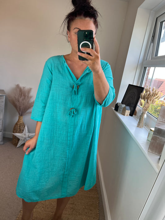 Cotton Button Dress - Aqua