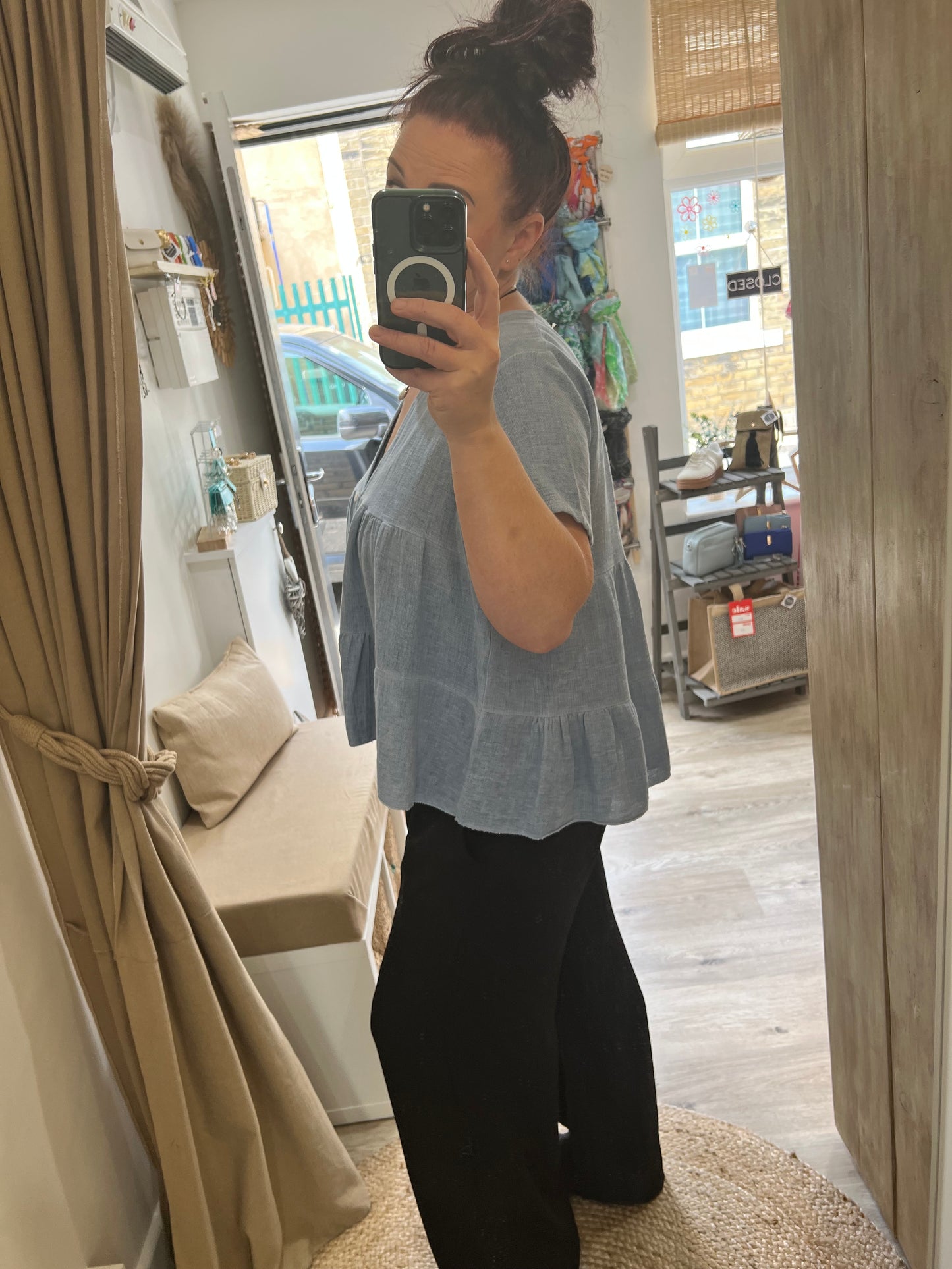 Linen Mix Smock Top - Denim Blue