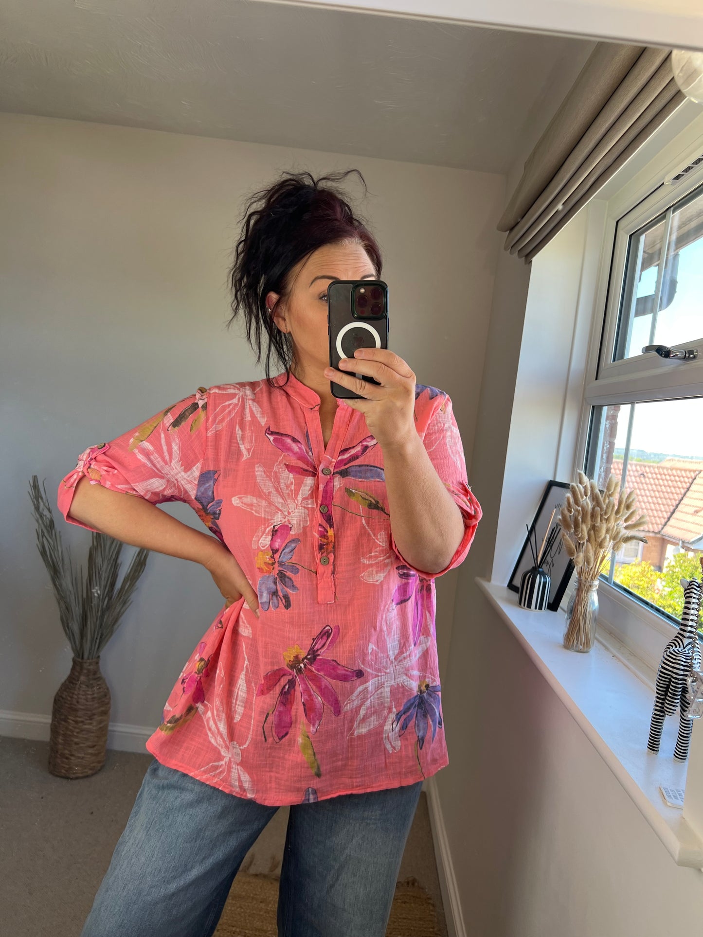 SANDY Cotton Shirt - Flowers Coral