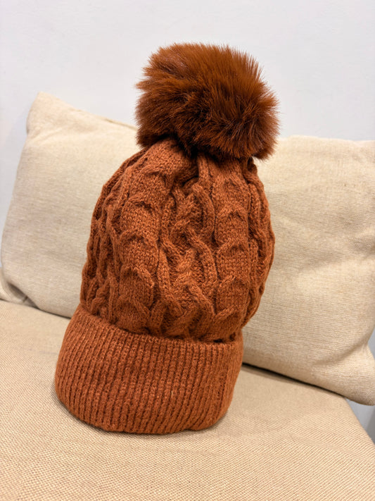 Fleece Lined Pom Pom Hat - Rust