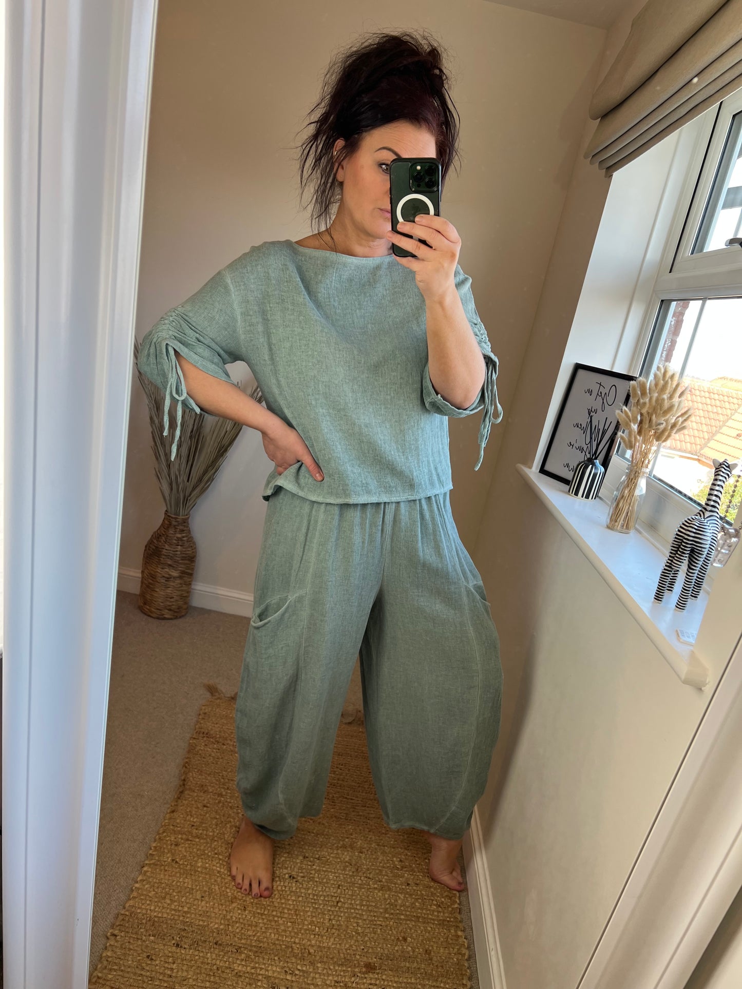 Barrel Leg Linen Trouser - Sage