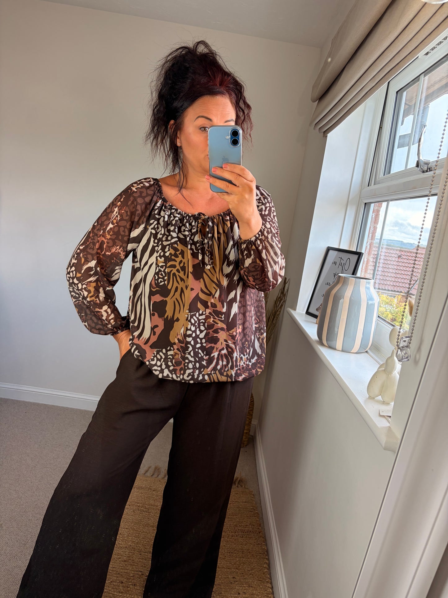 Bubble Hem Animal Print Top - Chocolate