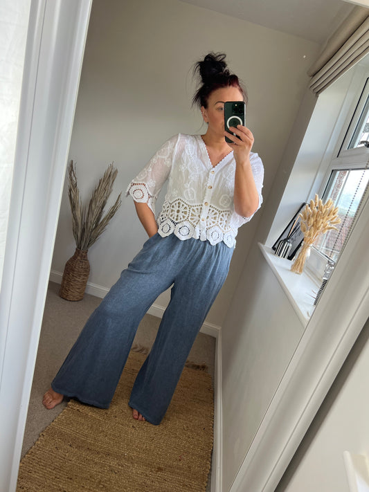 Wide Leg Linen Trousers - Denim Blue