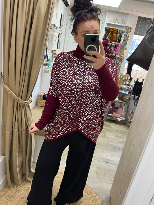 Sequin High Neck Jumper - Wine