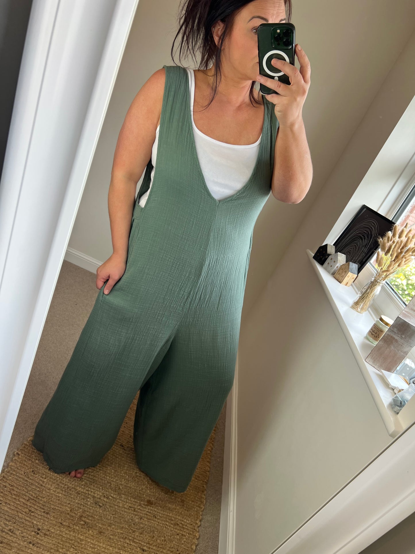 Crinkle Cotton Dungarees- Khaki