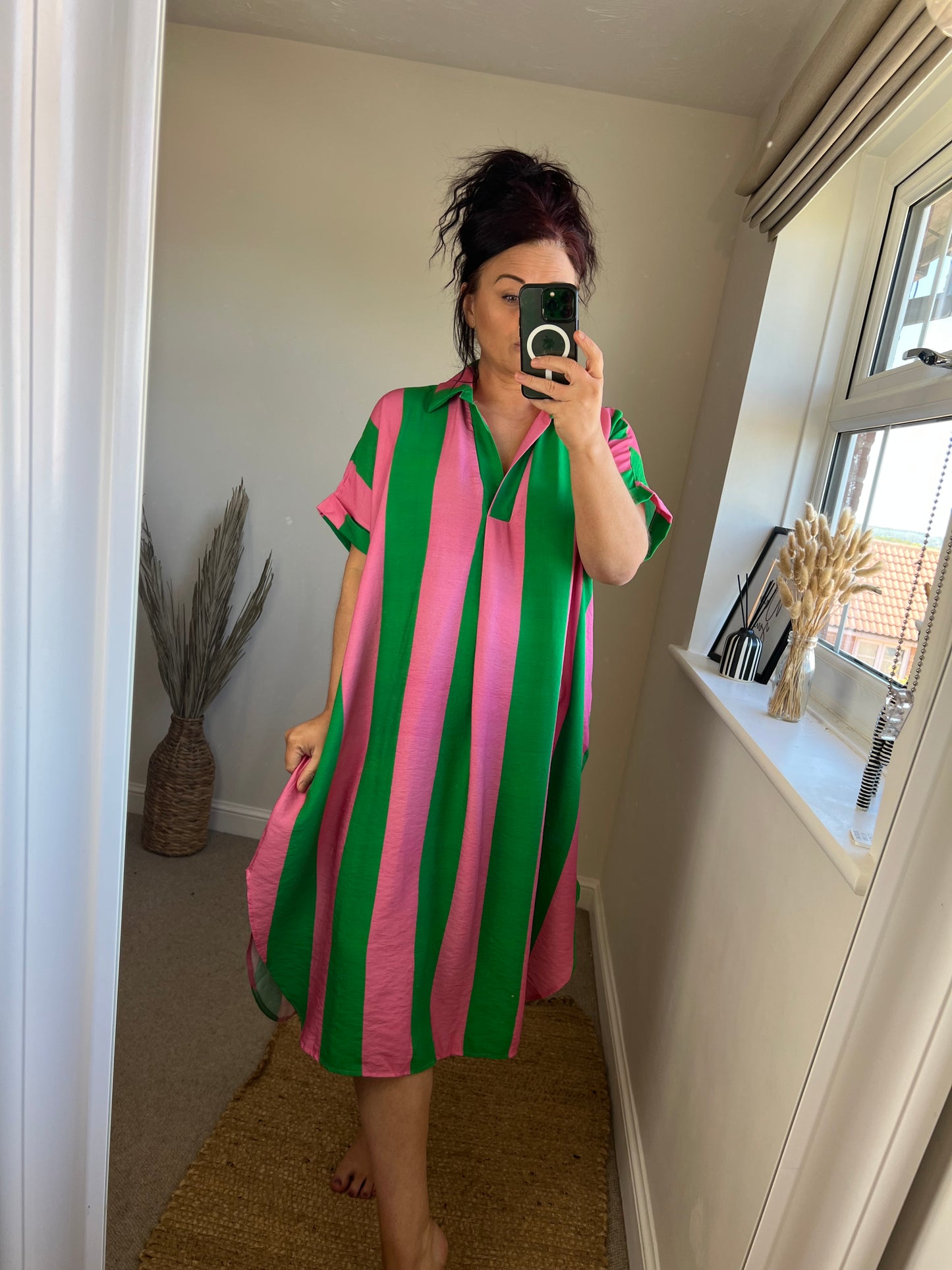 Striped Tunic Dress - Green/Pink
