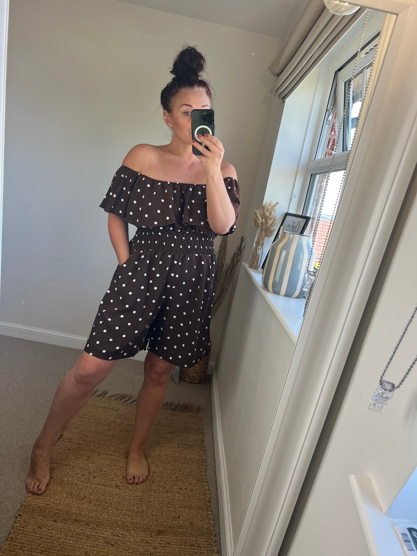 Shirred Waist Playsuit - Spotty Chocolate