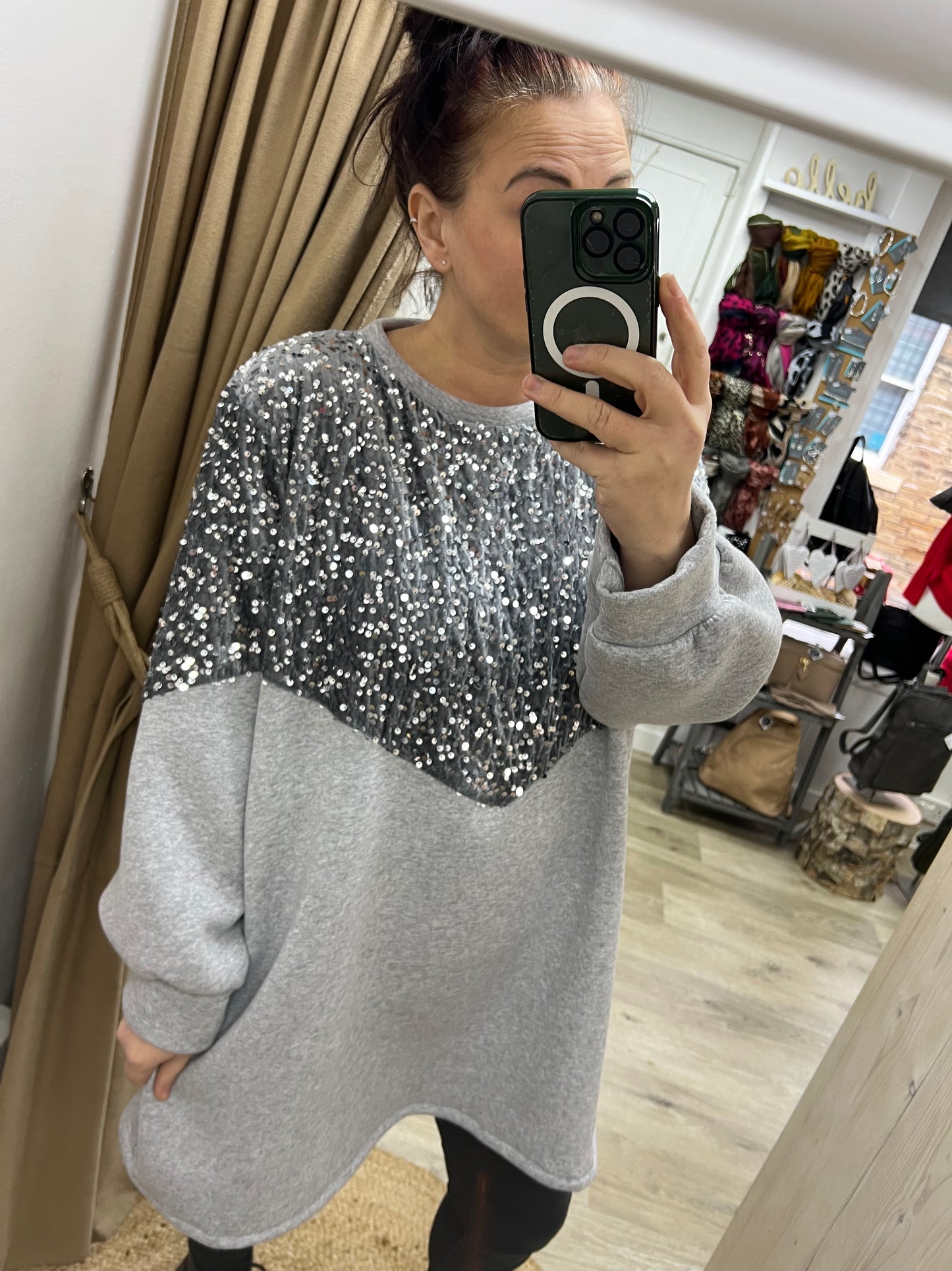 Oversized Sequin Sweatshirt with Pockets - Grey