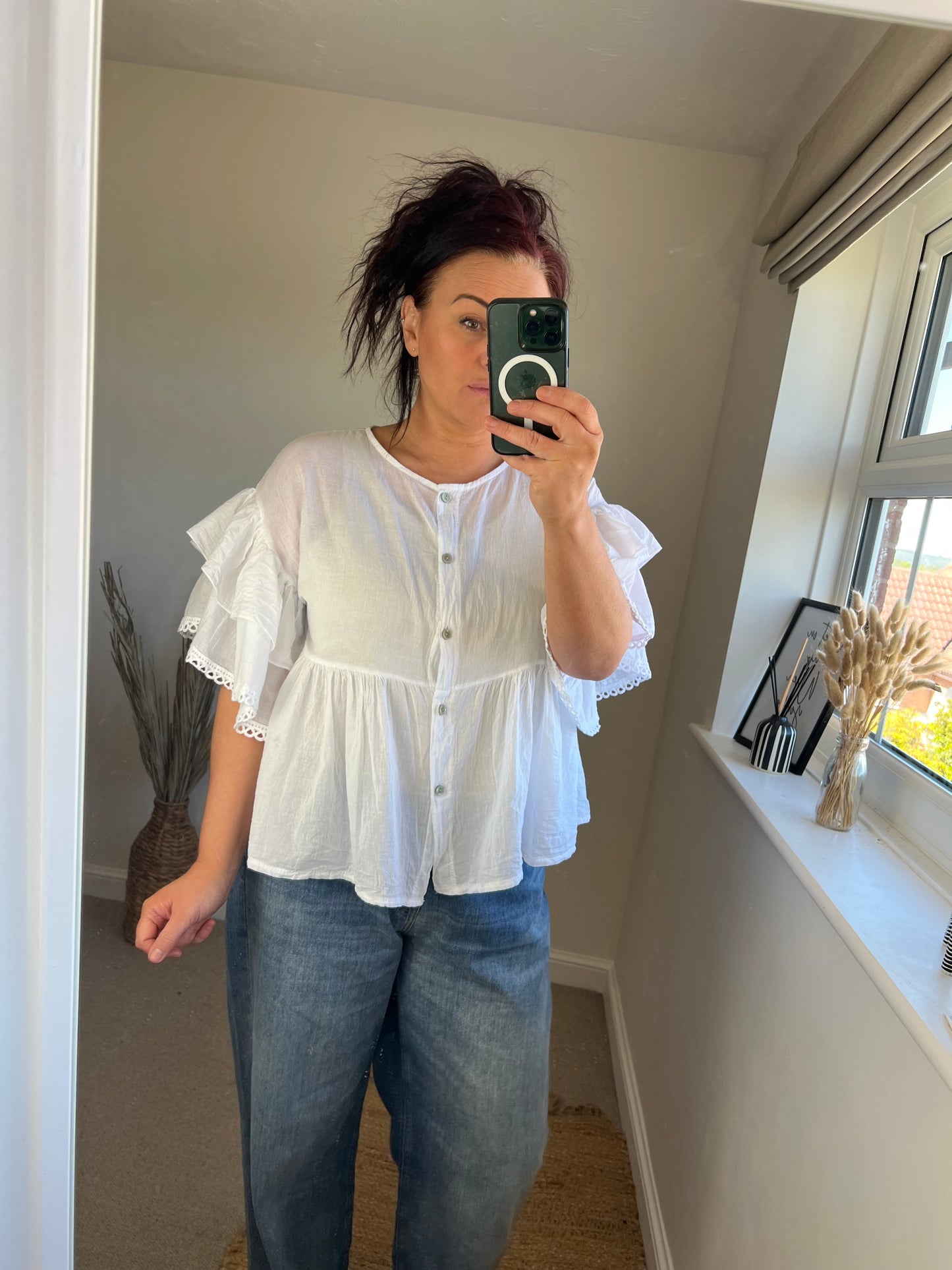 Ruffle Sleeve Smock Shirt - White