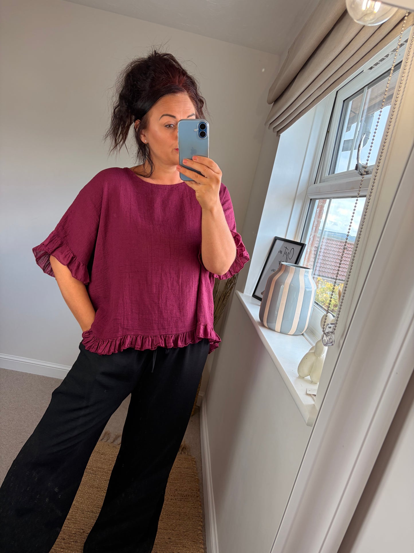 Cotton Ruffle Trim Top - Wine