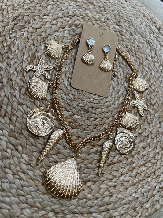 Shell Necklace & Earring Set - Gold