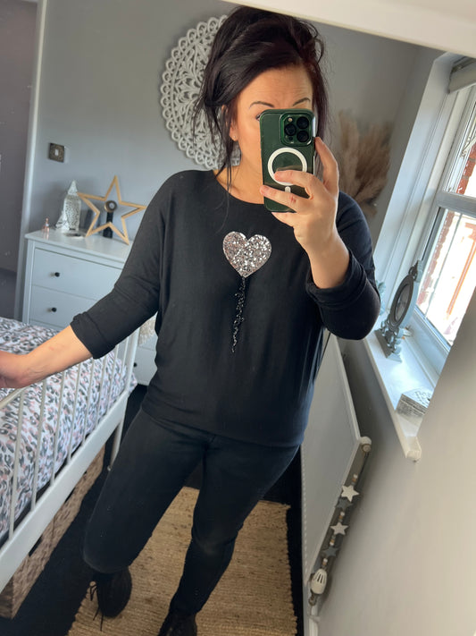 Fine Knit Sequin Heart Jumper - Black