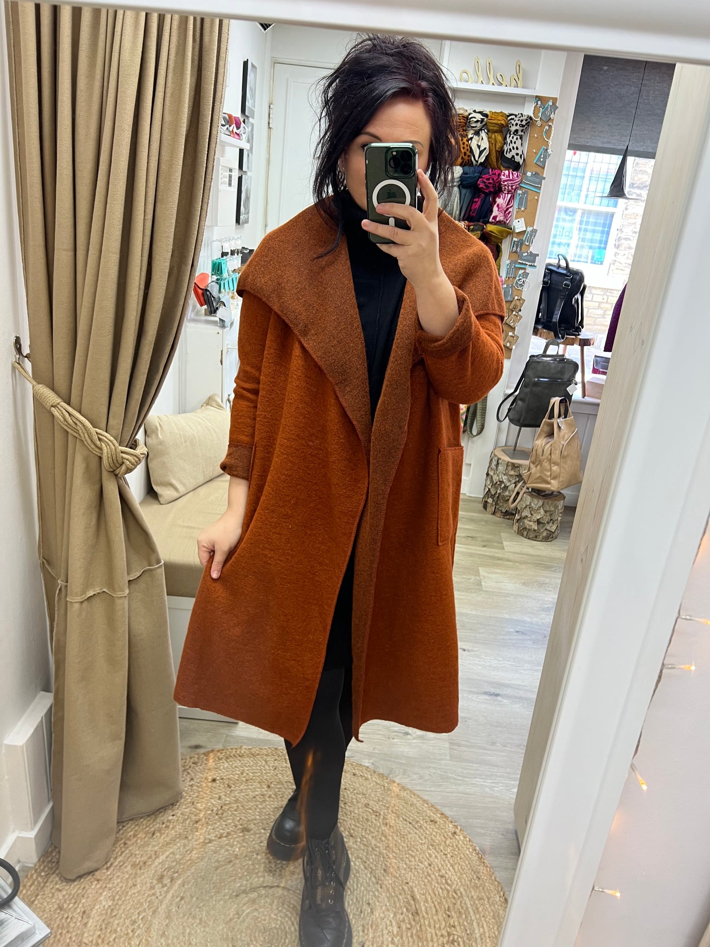 Boiled Wool Open Waterfall Coat - Rust