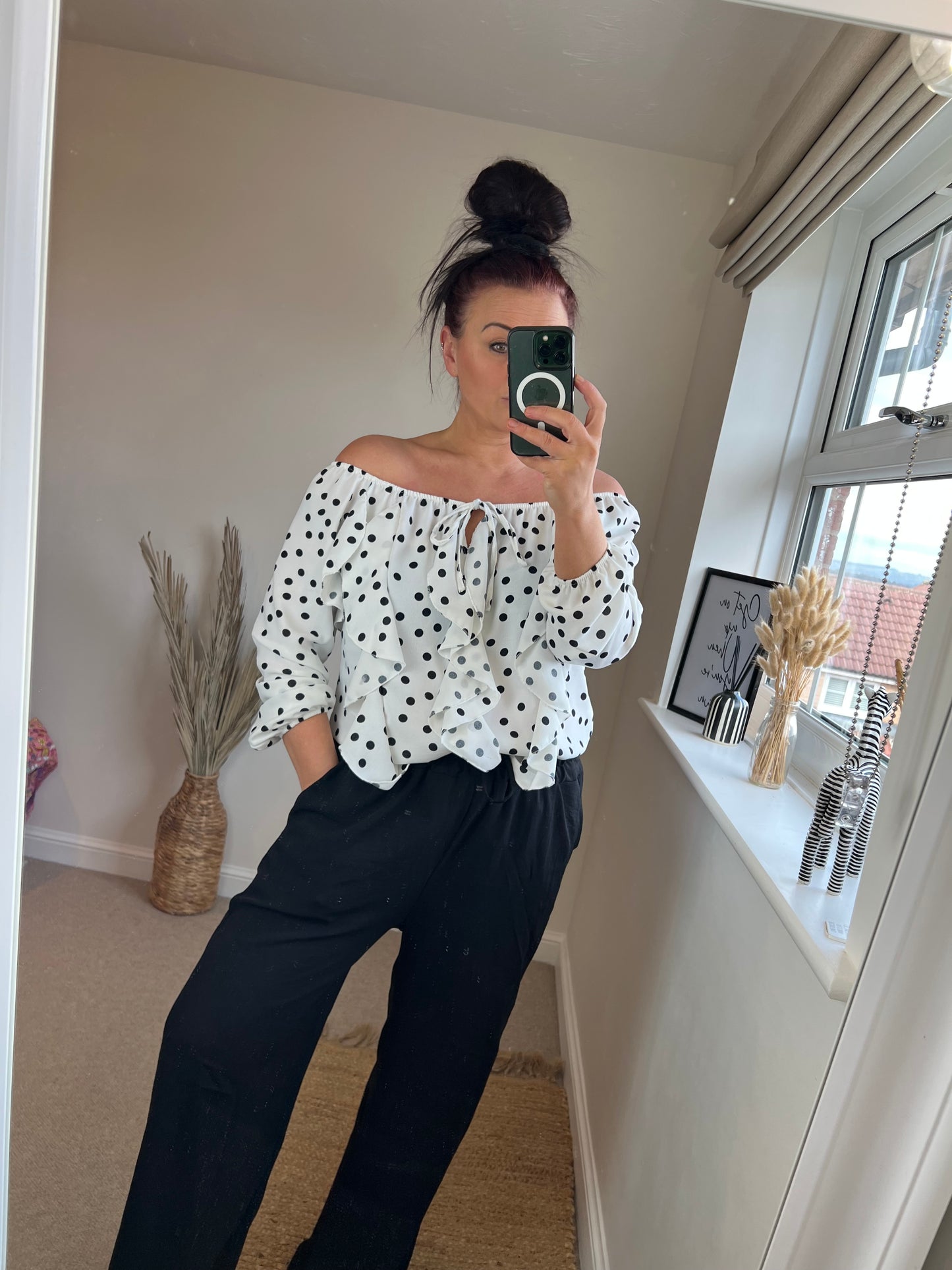 Long Sleeve Frill Spotty Top - White