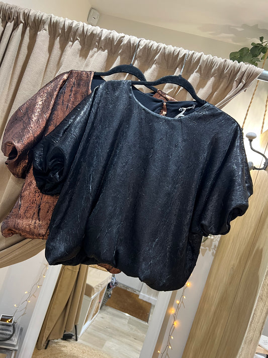 Puff Sleeve Foil Top - Black