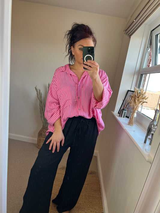 Oversized Linen Stripe Shirt - Pink