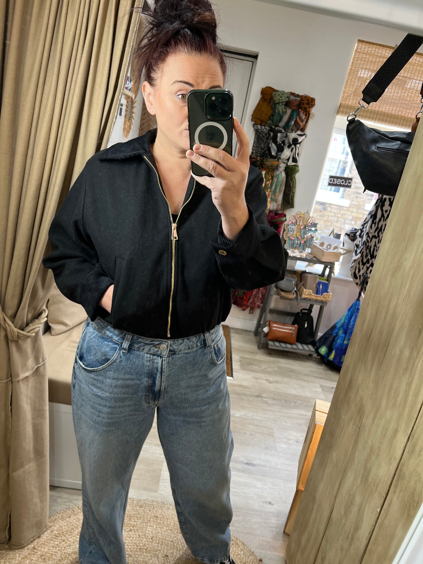 Cord Collared Bomber Jacket - Black