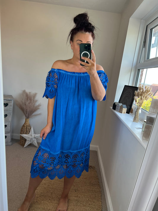 Acid Wash Bardot Dress - Cobalt